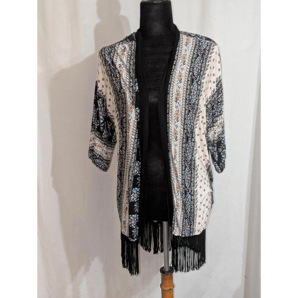 Sweet Rain Bohemian Floral Black Fringe Coverup Kimono Sz L